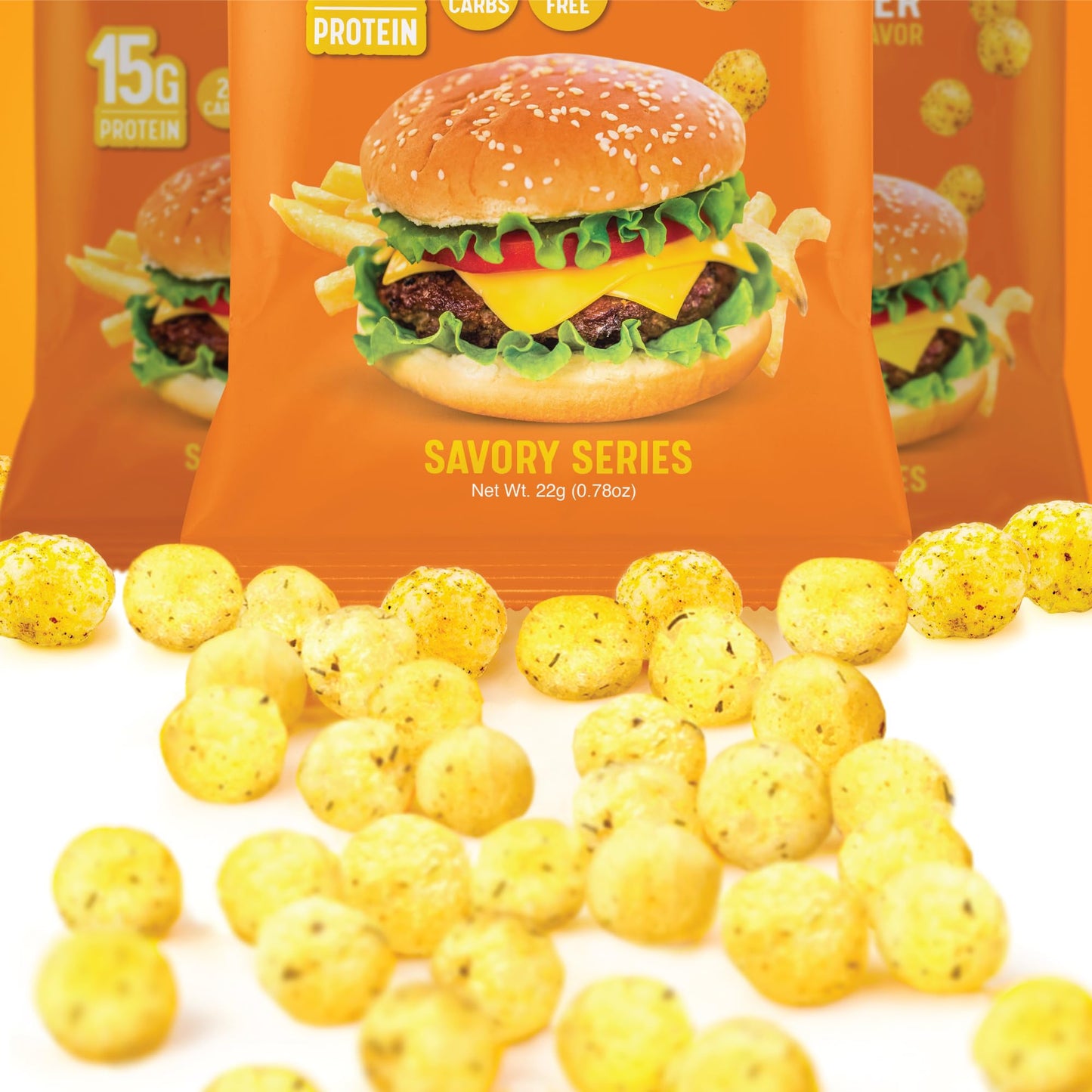 Snack House High Protein Puffs, Low Carb, 15g Protein, 1g Sugar, 0.78 Ounce, Legendary Cheese Burger Flavor, 8 Pack