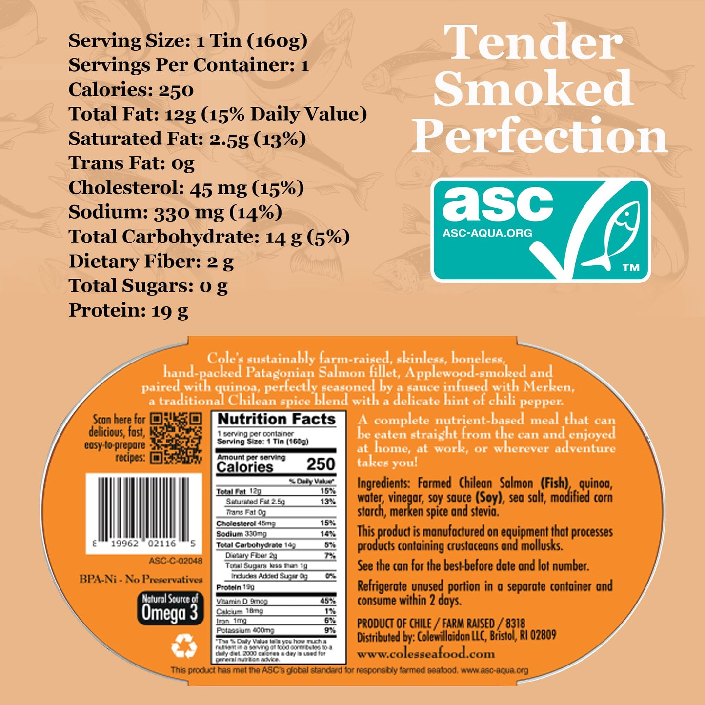 Coles Patagonian Smoked Salmon Fillet with Quinoa, 5.6 oz, Ready to Eat Meal, 19g Protein, High in Vitamin D, Model OE-1349-Ind