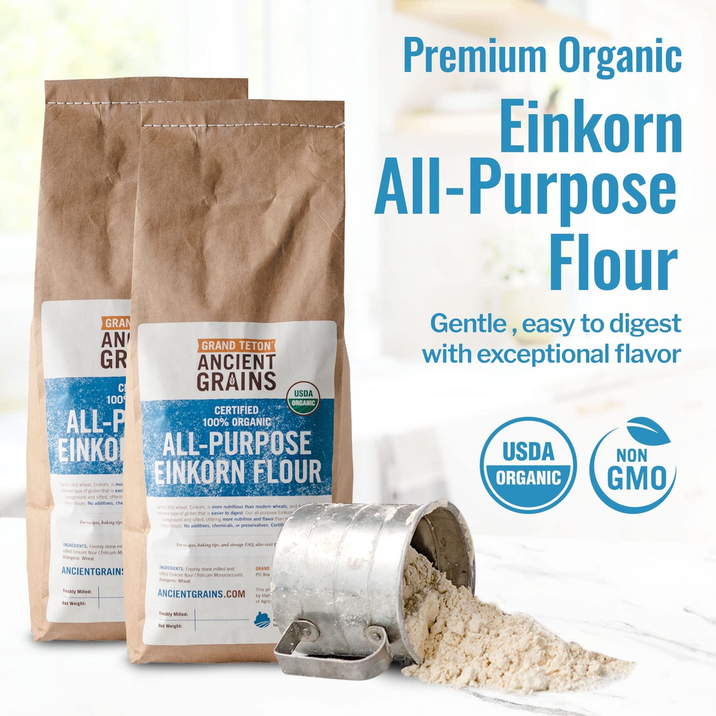 Grand Teton Ancient Grains - 100% Organic All-Purpose Einkorn Flour  Einkorn Flour Organic & Non-GMO  Einkorn Flour  Rich in Vitamins & Minerals  Unbleached Einkorn Grain Flour  10 lbs