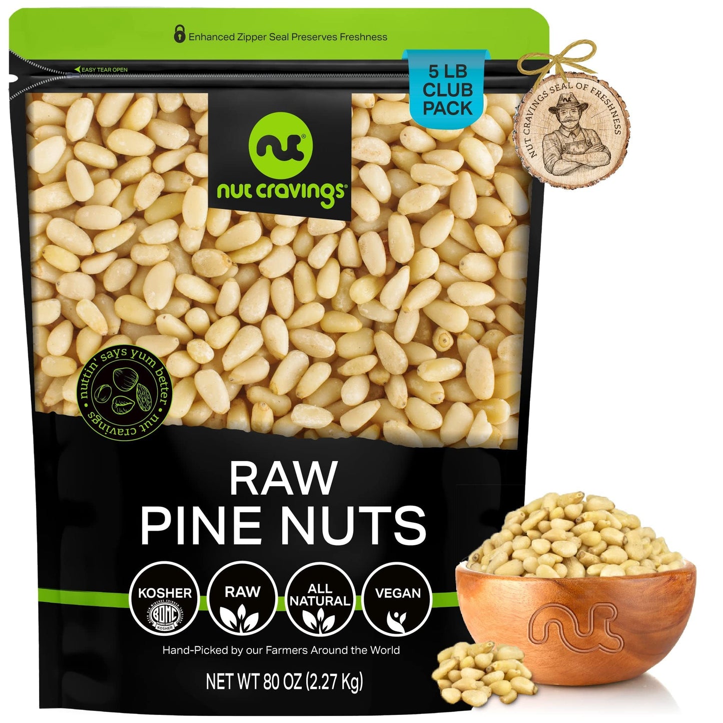 NUT CRAVINGS - Raw Pine Nuts Pignolias, Unsalted, Shelled, (80oz - 5 LB) Bulk Nuts Packed Fresh in Resealable Bag - Kosher Healt