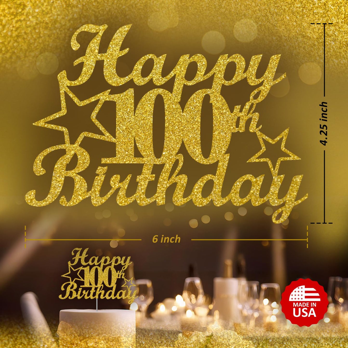RokAPary 100 Birthday Cake Topper - Gold Glitter, Sturdy Acrylic, Double-Sided, Model RCT217