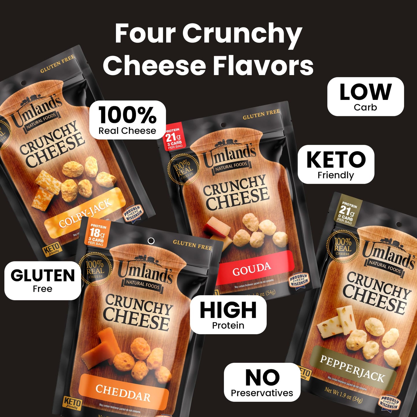 Umlands Crunchy Cheese - Variety Pack (4      1.9  oz Bags) | Cheddar, Colby Jack, Pepper Jack, Gouda | Real Cheese, Keto, Low-C