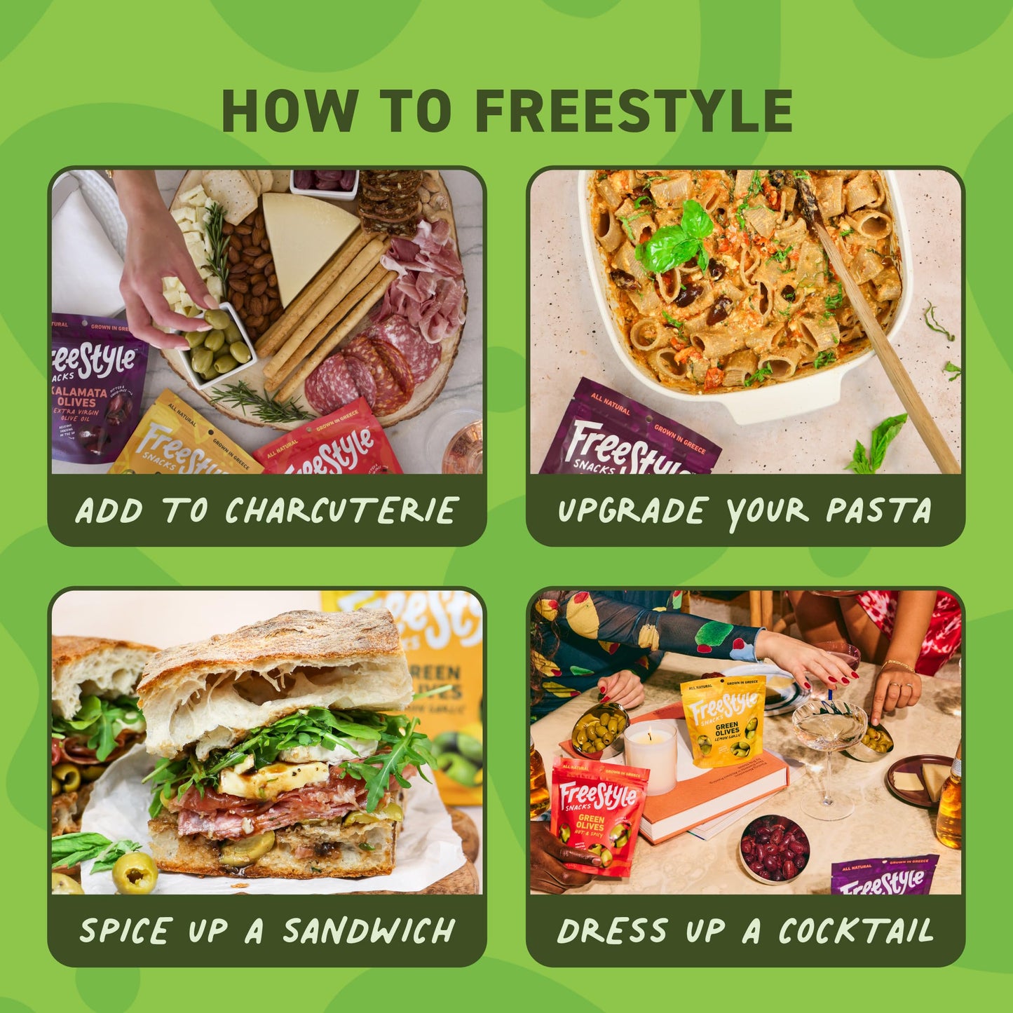 Freestyle Snacks Olive Snack Packs - Fresh Pitted Green Olives, 3 Flavors, Jumbo-Sized, Grown in Greece, Salty Snack, All Natura