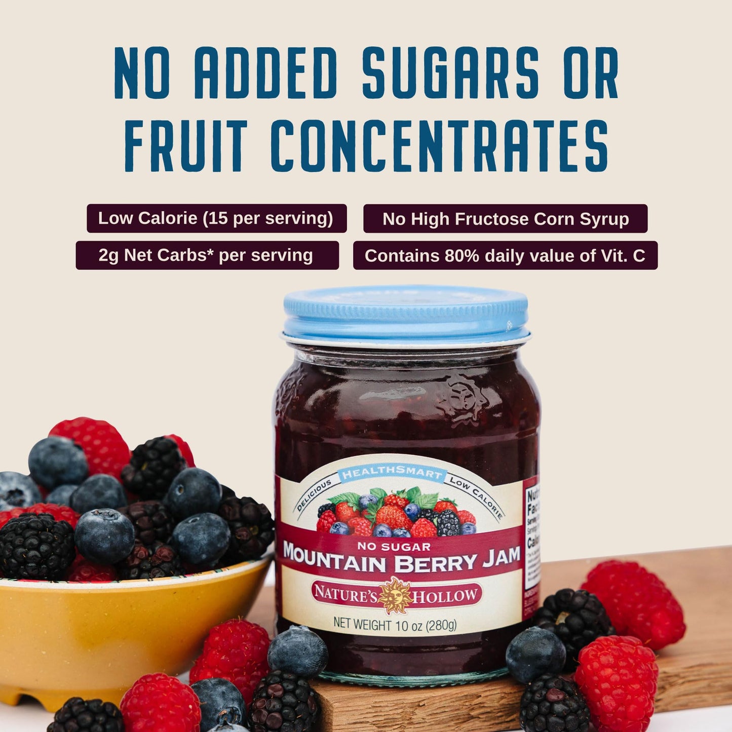 Natures Hollow Sugar Free Mountain Berry Jam, Vegan, Gluten Free, 10 Fl Oz, Pack of 6