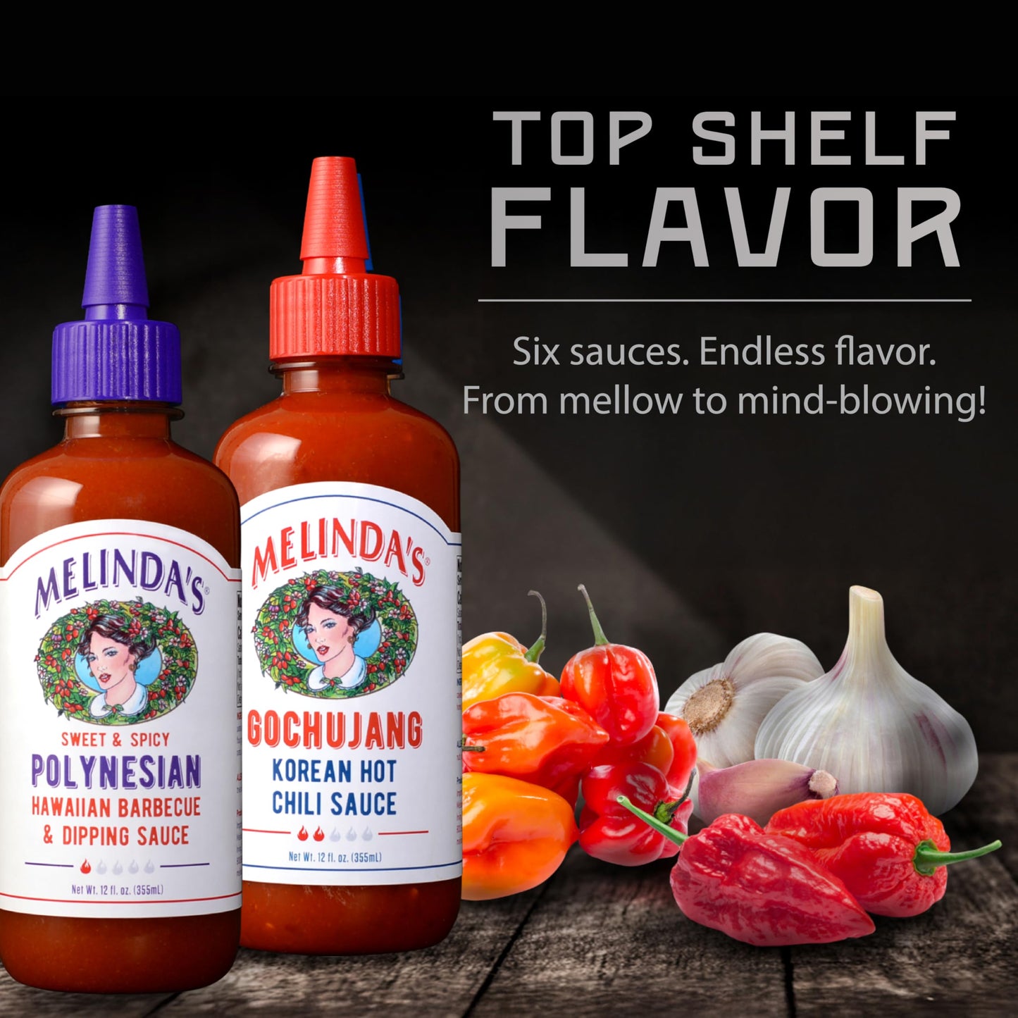 Melindas Dipping Sauce Gift Set, 6 Pack - Ghost Pepper, Buffalo Ranch, Pizza Ranch, Polynesian, Korean Gochujang, Hot Habanero Honey Mustard, 12