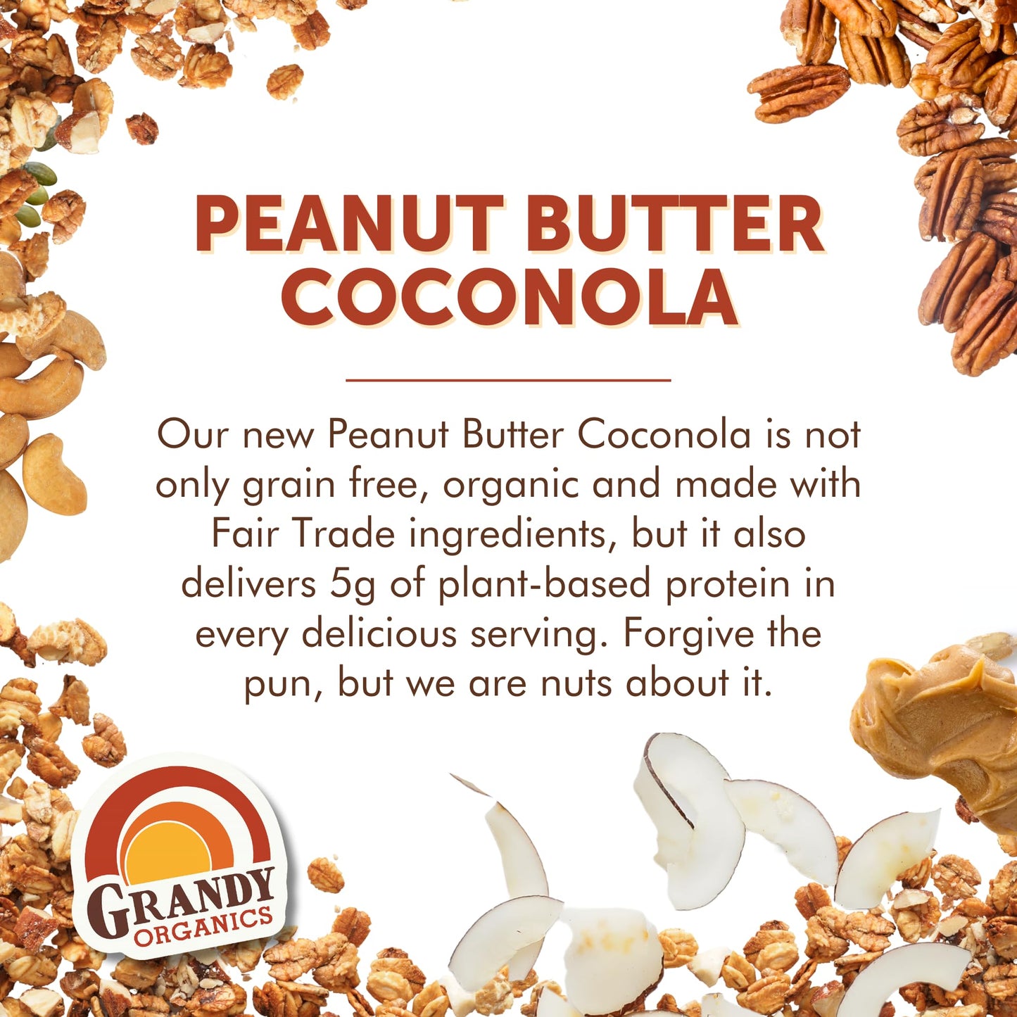 Grandy Organics Peanut Butter Coconola Granola, Certified Organic, Gluten Free, Grain Free, Peanut Butter Granola, 9Oz Each, Pac