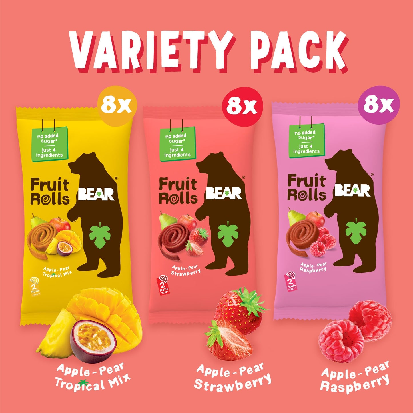 BEAR Real Fruit Snack Rolls - Gluten Free, Vegan, and Non-GMO - Variety Pack (Strawberry, Raspberry, Tropical)) - 48 Rolls, Heal