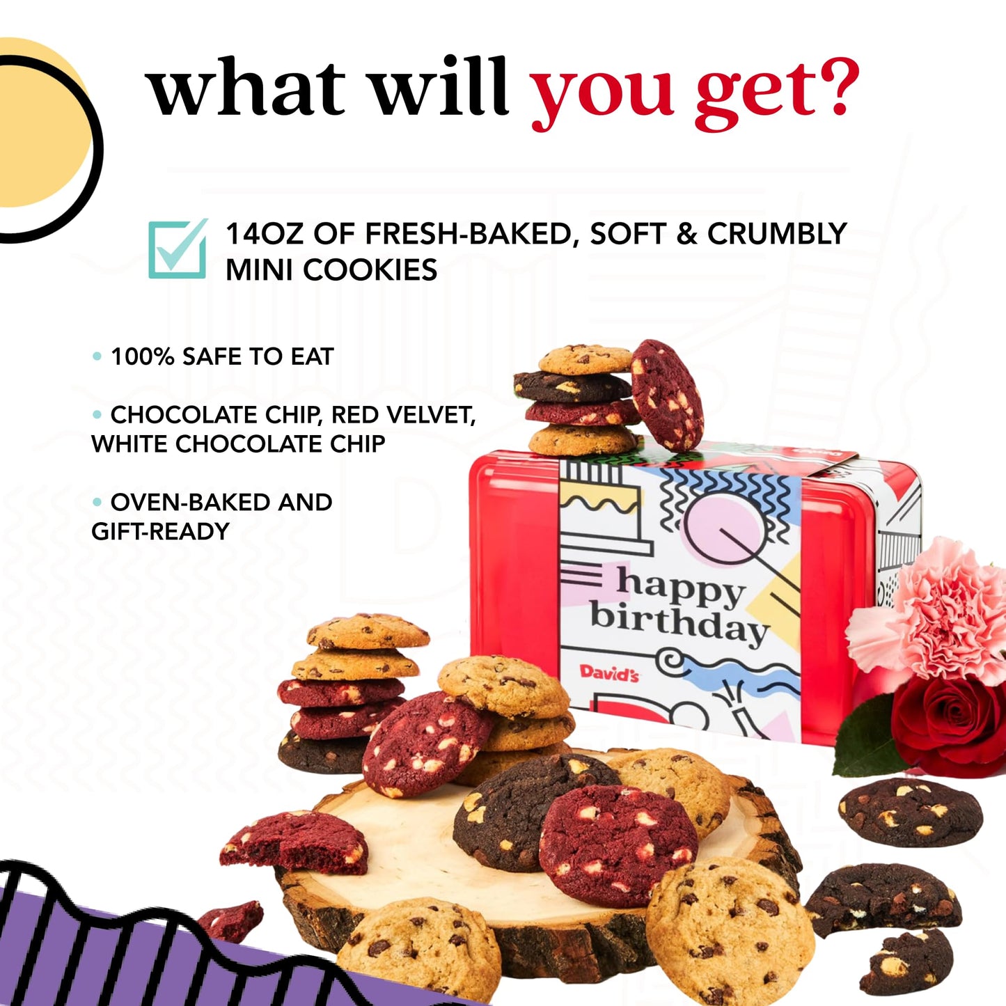 Davids Cookies Happy Birthday Gift Sampler Tin - Crunchy Gourmet Cookies - Bakery Snack Gift for Birthdays, Celebrations and Sp