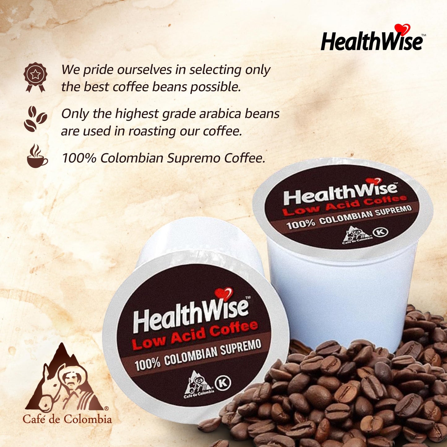 HealthWise Coffee K-Cups, Low Acid for Sensitive Stomachs, 12 Count Pack, Available in 4 Flavors