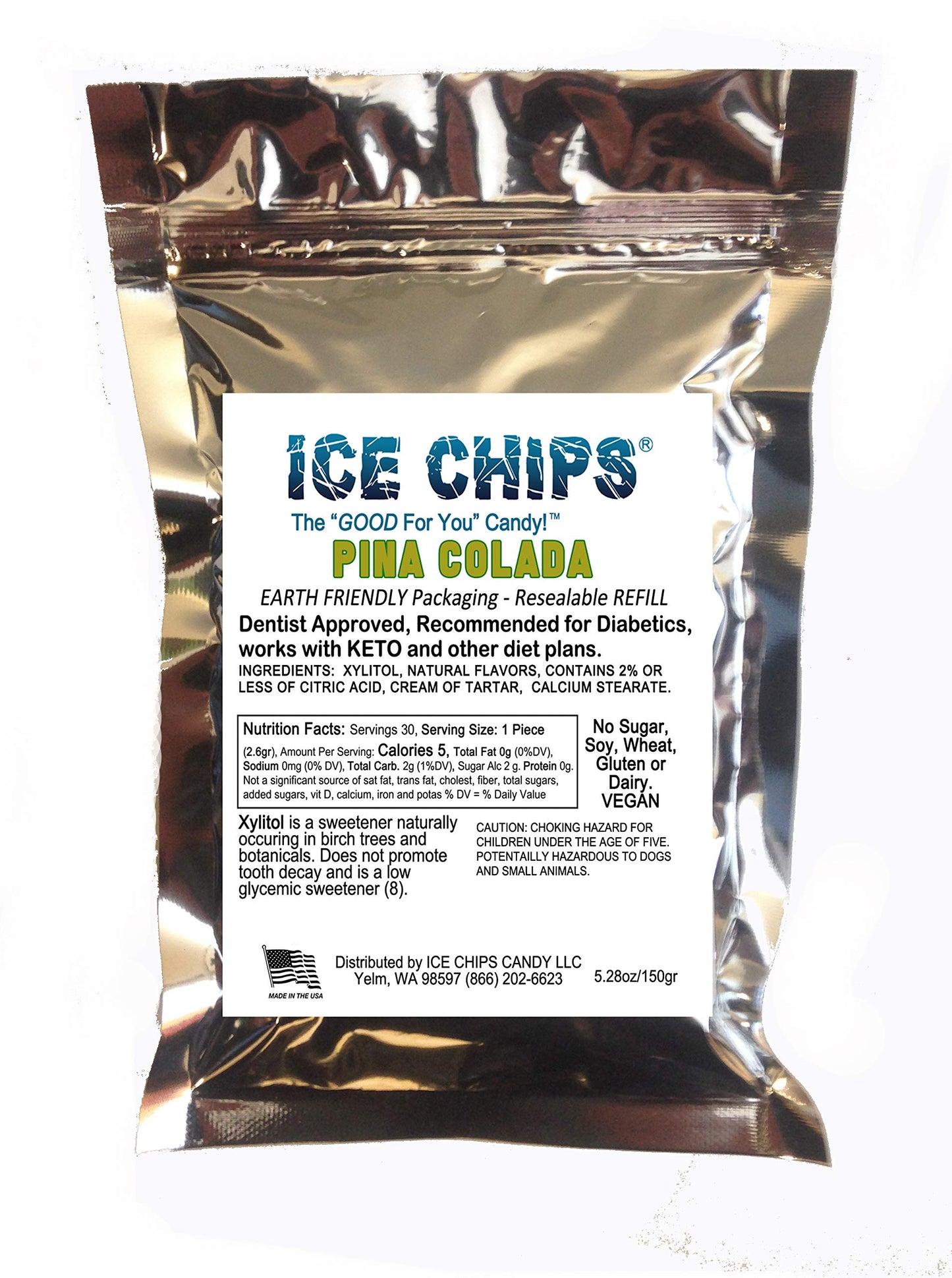 Ice Chips Xylitol Candy In Large 5.28 Oz Resealable Pouch; Low Carb & Gluten Free (Pina Colada)
