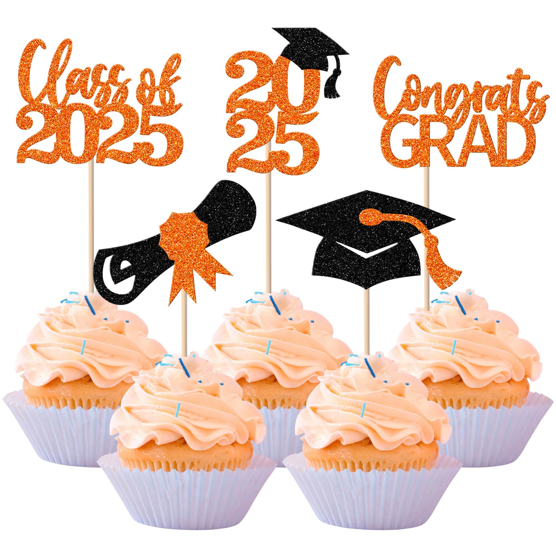 YCTHUNFISH Graduation Cupcake Toppers, 30-Pack Glitter Grad Cap & Diploma Picks, Orange and Black, Bamboo, Class of 2025 Decorations