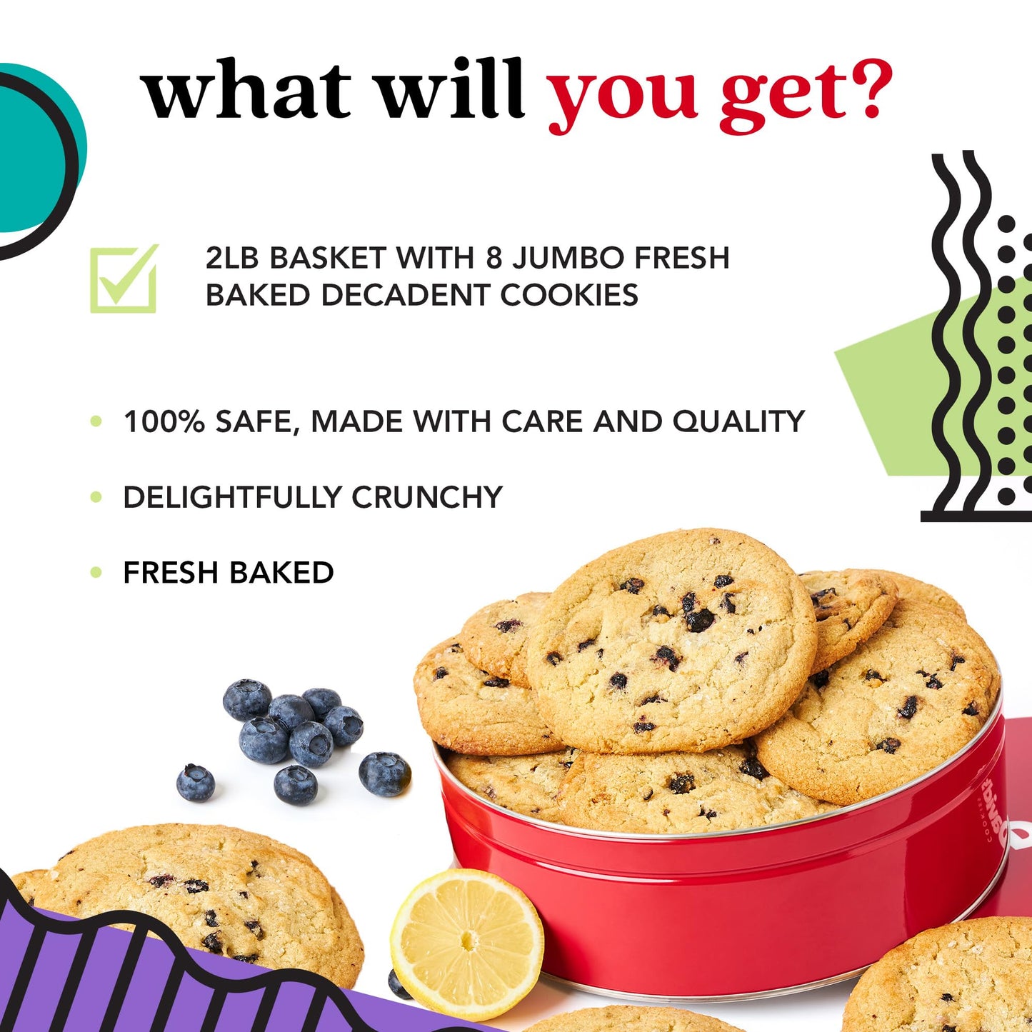 Davids Cookies Fresh Baked Decadent Jumbo Lemon Gourmet Cookies - 2lb Gift Basket Tin with 8 Large Lemon Cookies - Bakery-Style