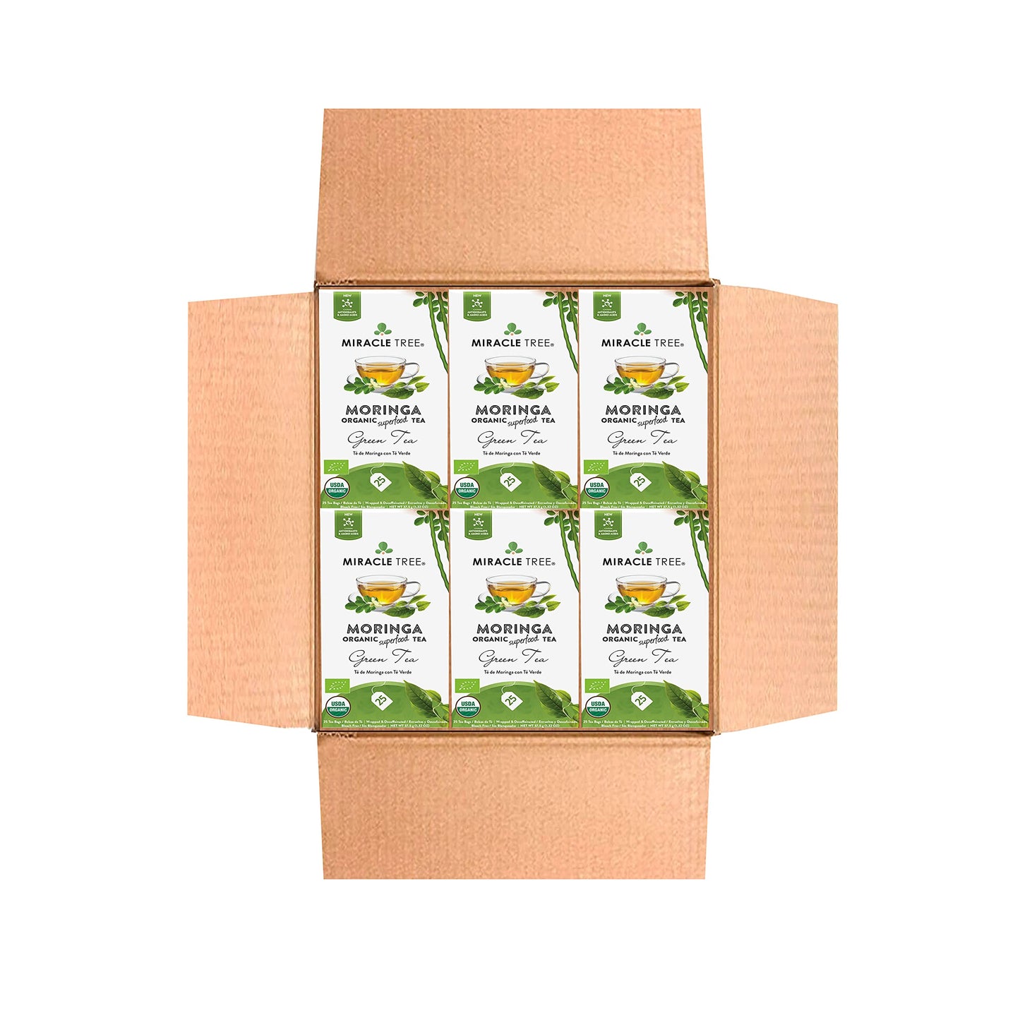 Miracle Tree - 6 Count of Organic Moringa Superfood Tea, 25 Individually Sealed Tea Bags, Green Tea (Keto, Detox, Energy/Immunit
