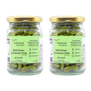 Tassyam Organics Premium Green 9mm+ Cardamoms 100 Grams (2X 50 Grams) | Extra Bold Hari Elaichi