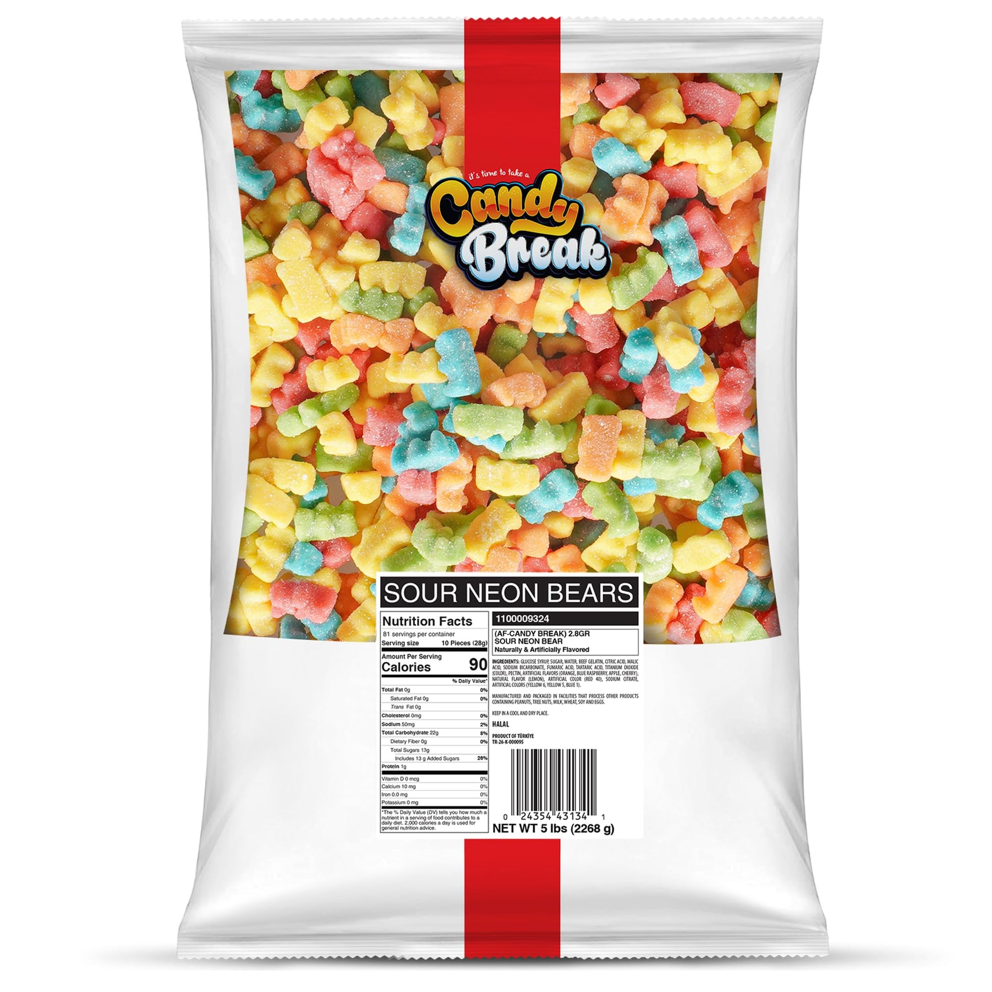 CANDY BREAK Gummy Bears - Sweet & Sour Neon Chewy Candy Bulk Pack - 5 lb Share Size Bag