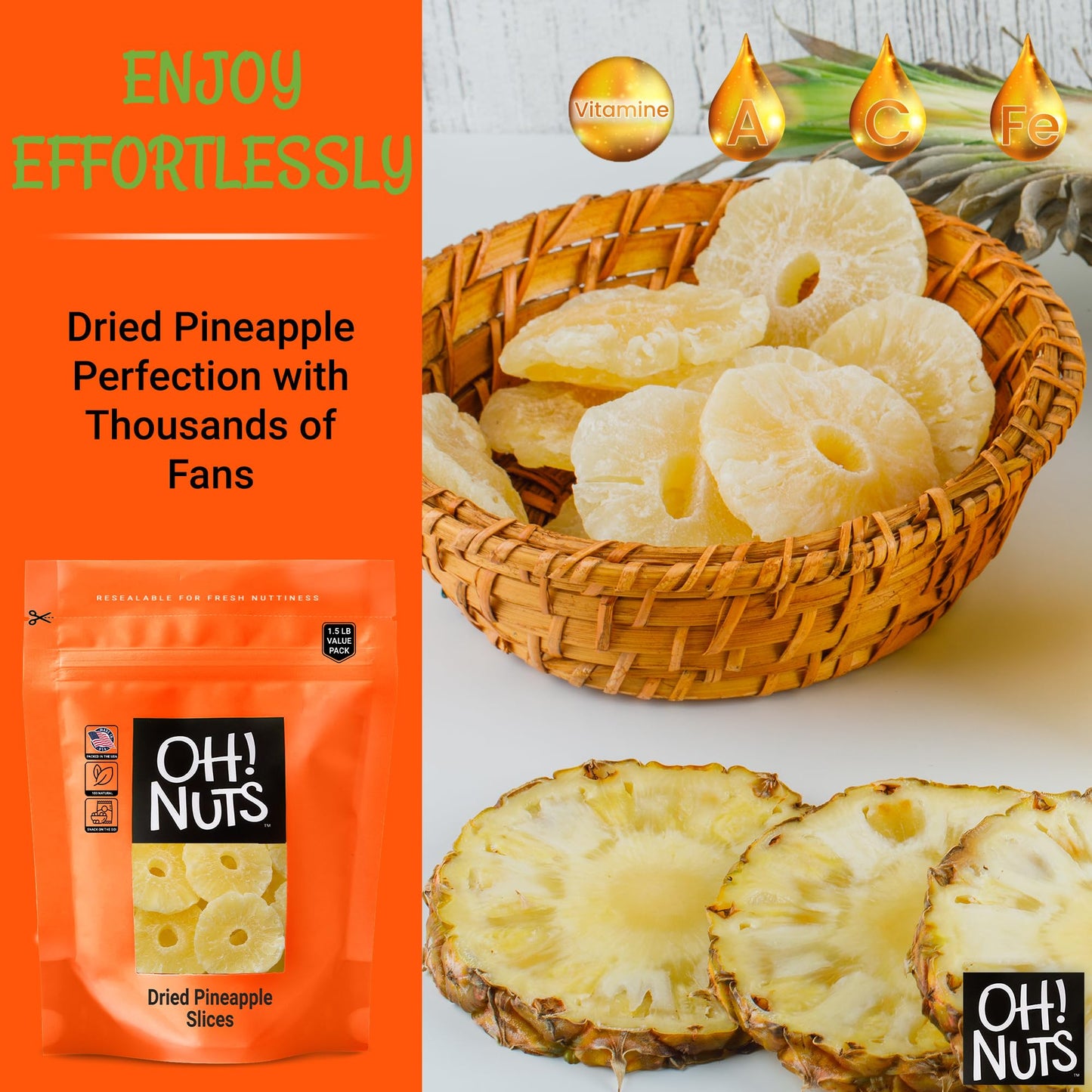 Dried Pineapple | 1.5 LB - Dried Fruit Rings | Less Sugar Added | Dehydrated Fruit Bites | Packed in New York Zip-Seal Bag for E
