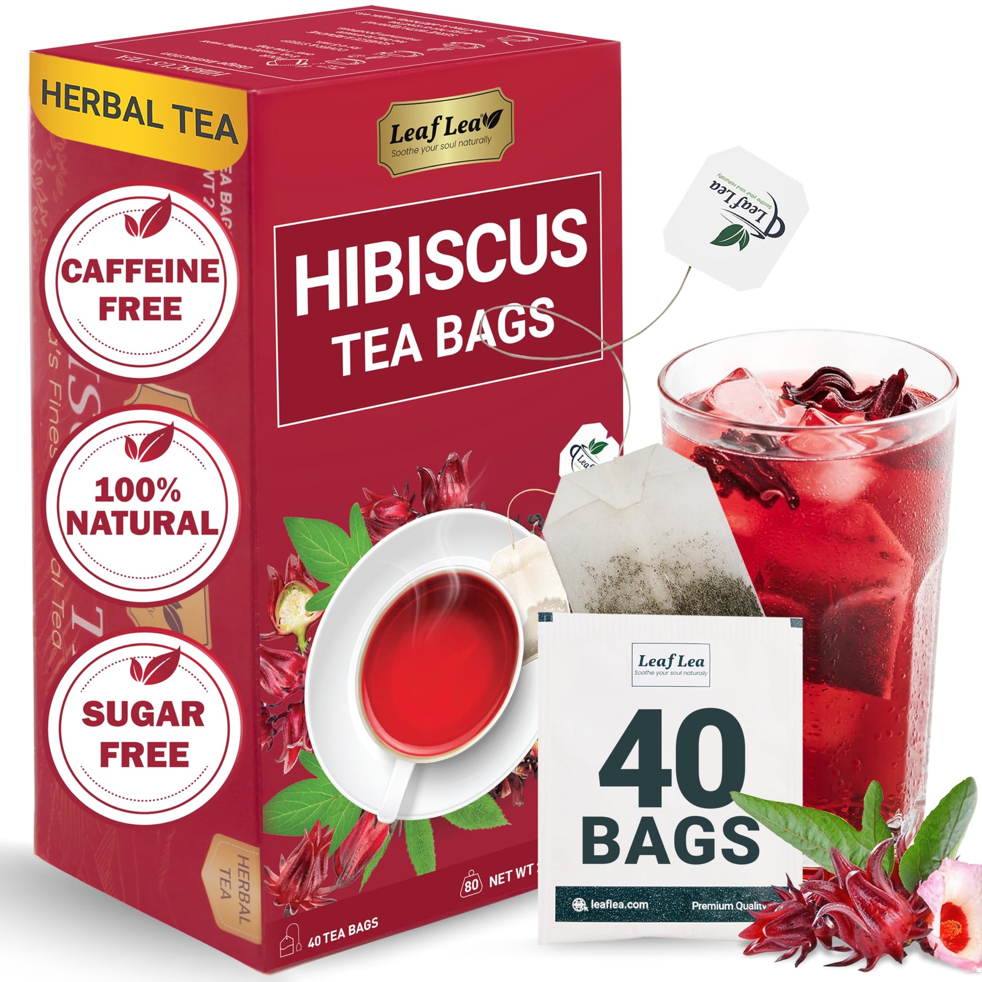 LeafLea Hibiscus Tea Bags, Caffeine-Free Herbal Tea, 40 Count, Gluten-Free, Vegan