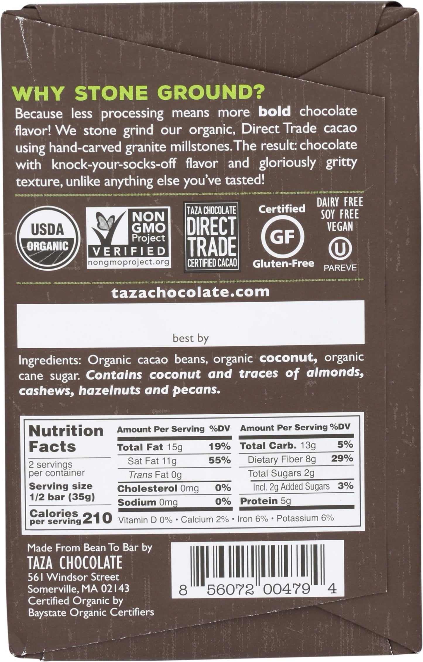 Taza Chocolates Organic Toasted Coconut & Wicked Dark Chocolate Bar, 2.5 Oz