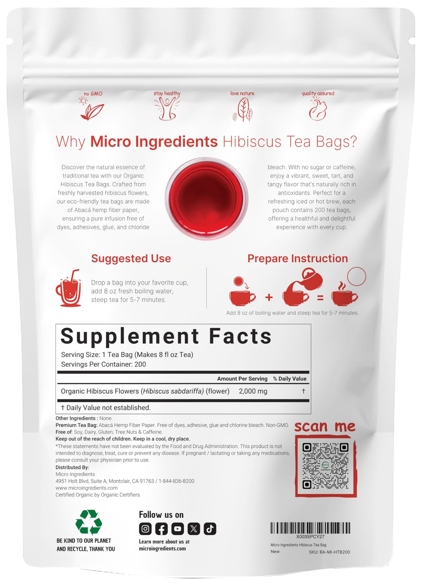 Organic Hibiscus Tea Bags, 200 Count | Enhanced Source From Hibiscus Flowers | Caffeine Free Herbal Tea | Eco-Friendly Hemp Paper Tea Bags | Non-Gmo, No Sugar