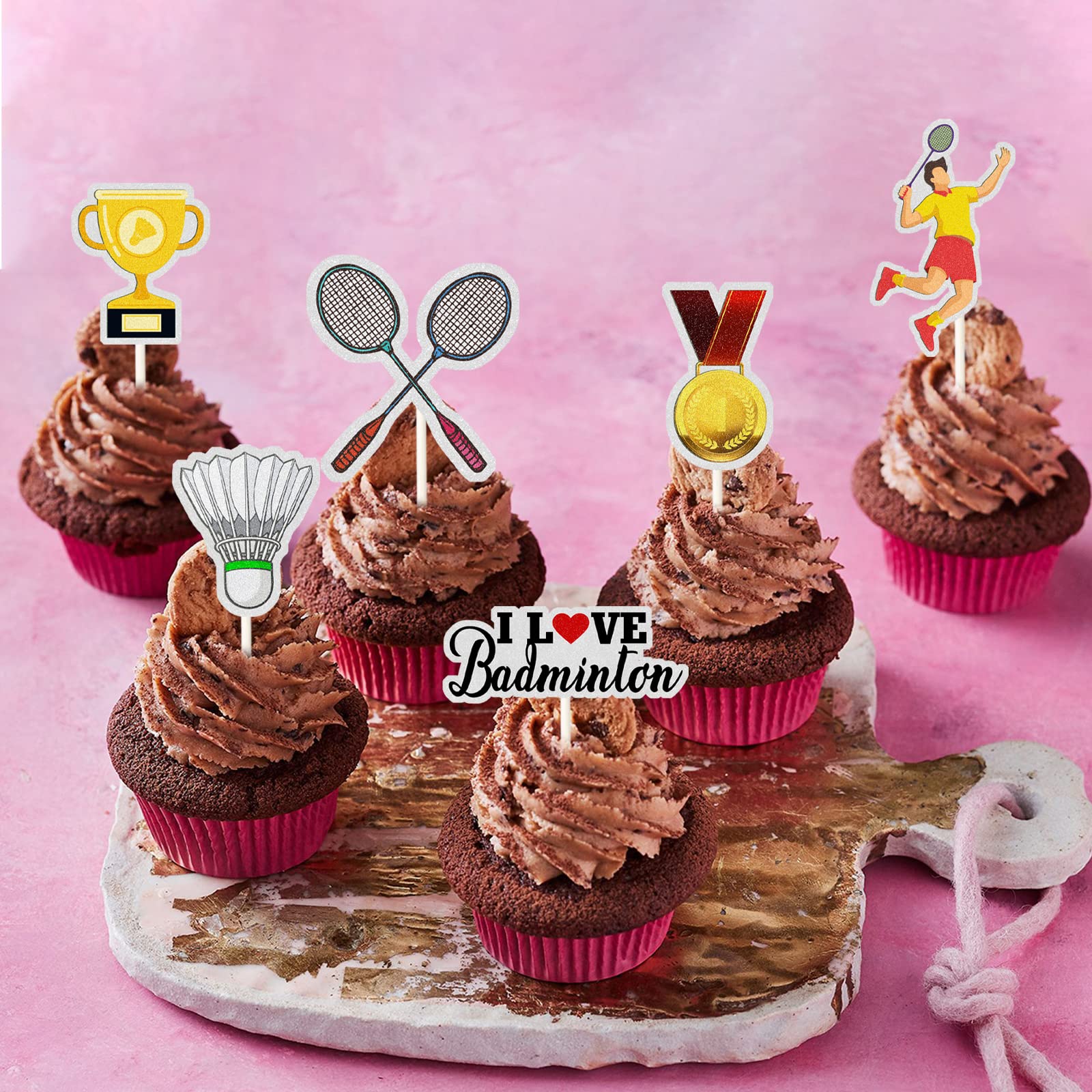 Mefeng-Badminton Theme Cupcake Toppers-Trophy-Racket-Medals-Badminton-I Love Badminton Sign-Funny Kit Ball Games Cupcake Toppers
