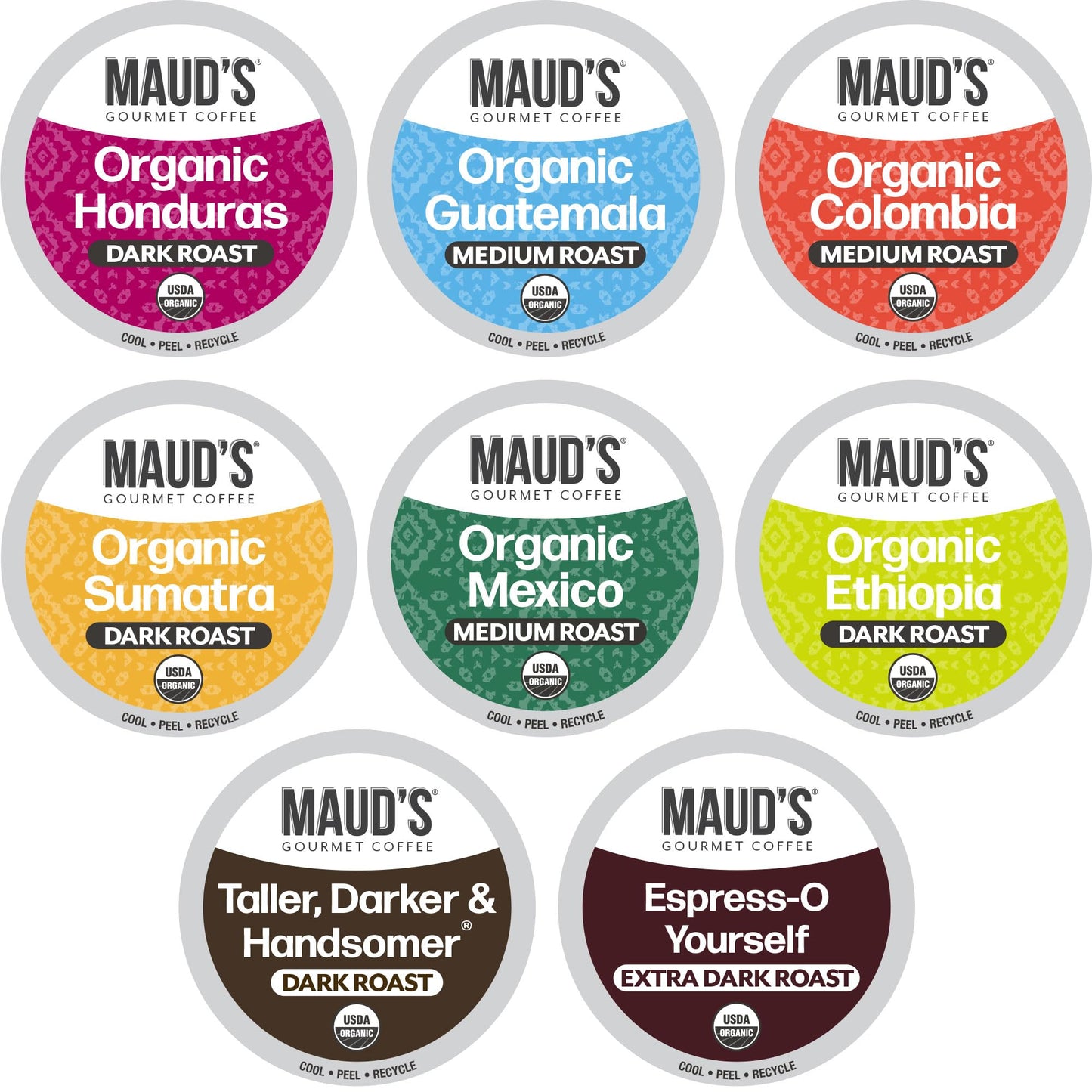 Maud s Organic Coffee Pods Variety Pack, 56 ct, 8 Assorted Flavors, Recyclable Single Serve Pods - 100% Arabica Coffee, Compati