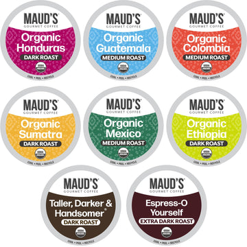 Maud s Organic Coffee Pods Variety Pack, 56 ct, 8 Assorted Flavors, Recyclable Single Serve Pods - 100% Arabica Coffee, Compati