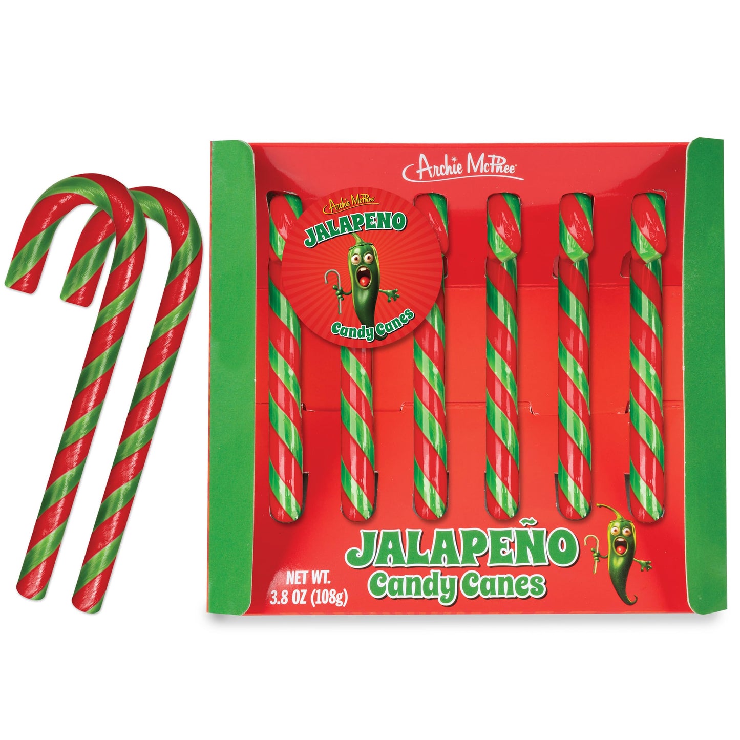 Archie Mcphee'S Jalapeo Candy Canes - 6 Count, 9 Grams Each - Mexican Cuisine Inspired Holiday Candy, Perfect Christmas Stocking