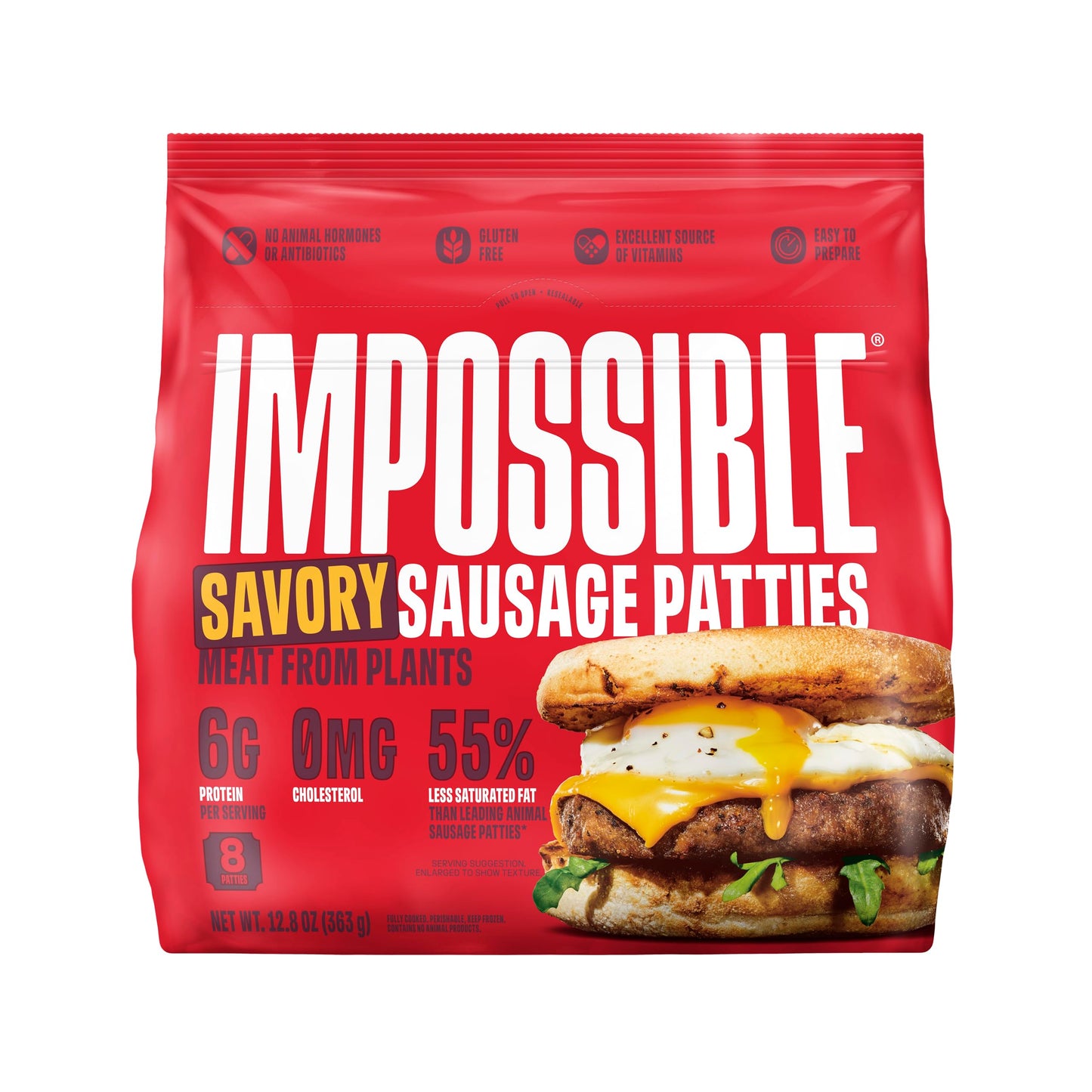 Impossible Sausage Patties Made From Plants, Savory, Frozen, Fully Cooked, 8 Patties, 12.8 oz