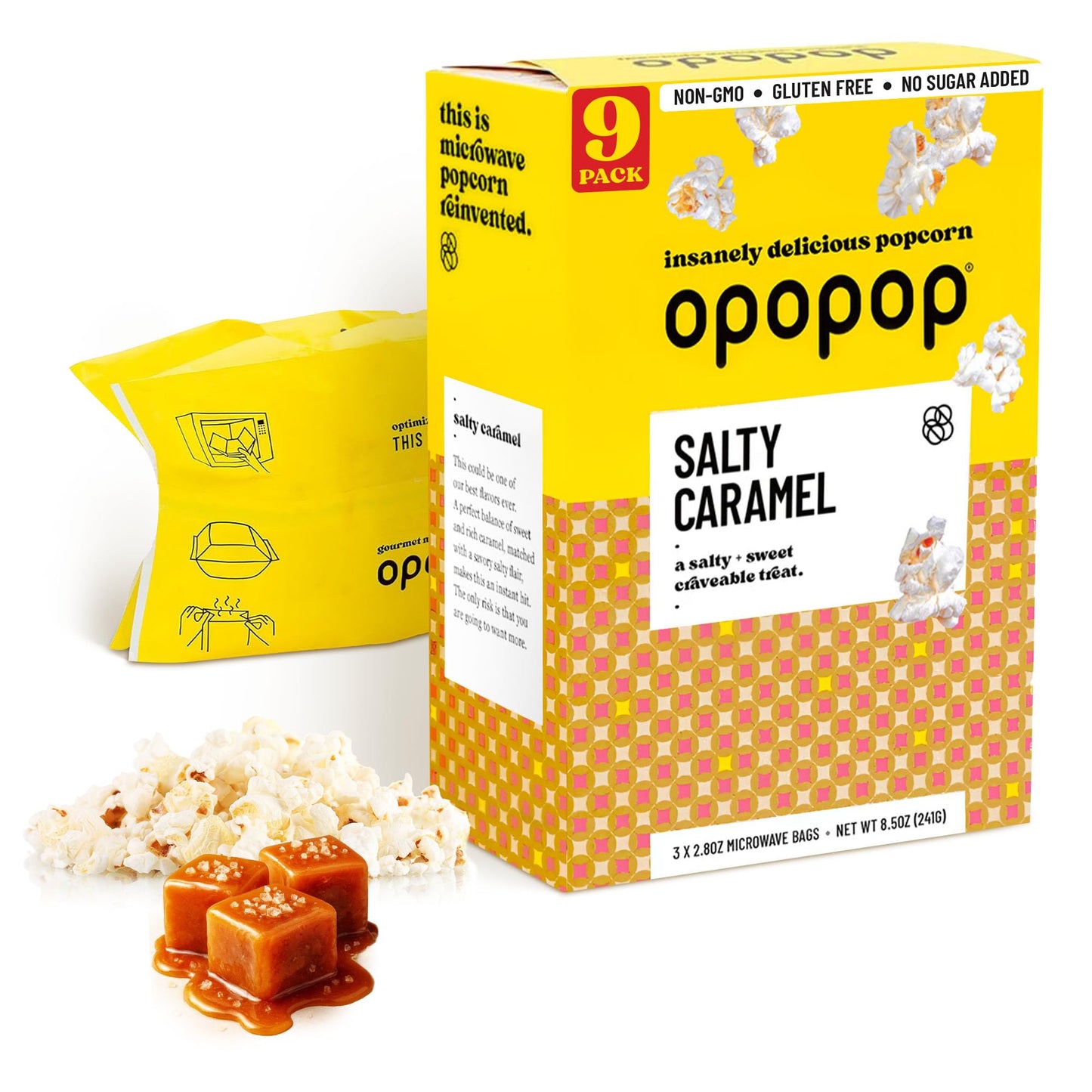Opopop Traditional Microwave Popcorn - Salty Caramel Popcorn 9-Pack - Sweet and Salty Flavored Popcorn Bulk, Non-GMO