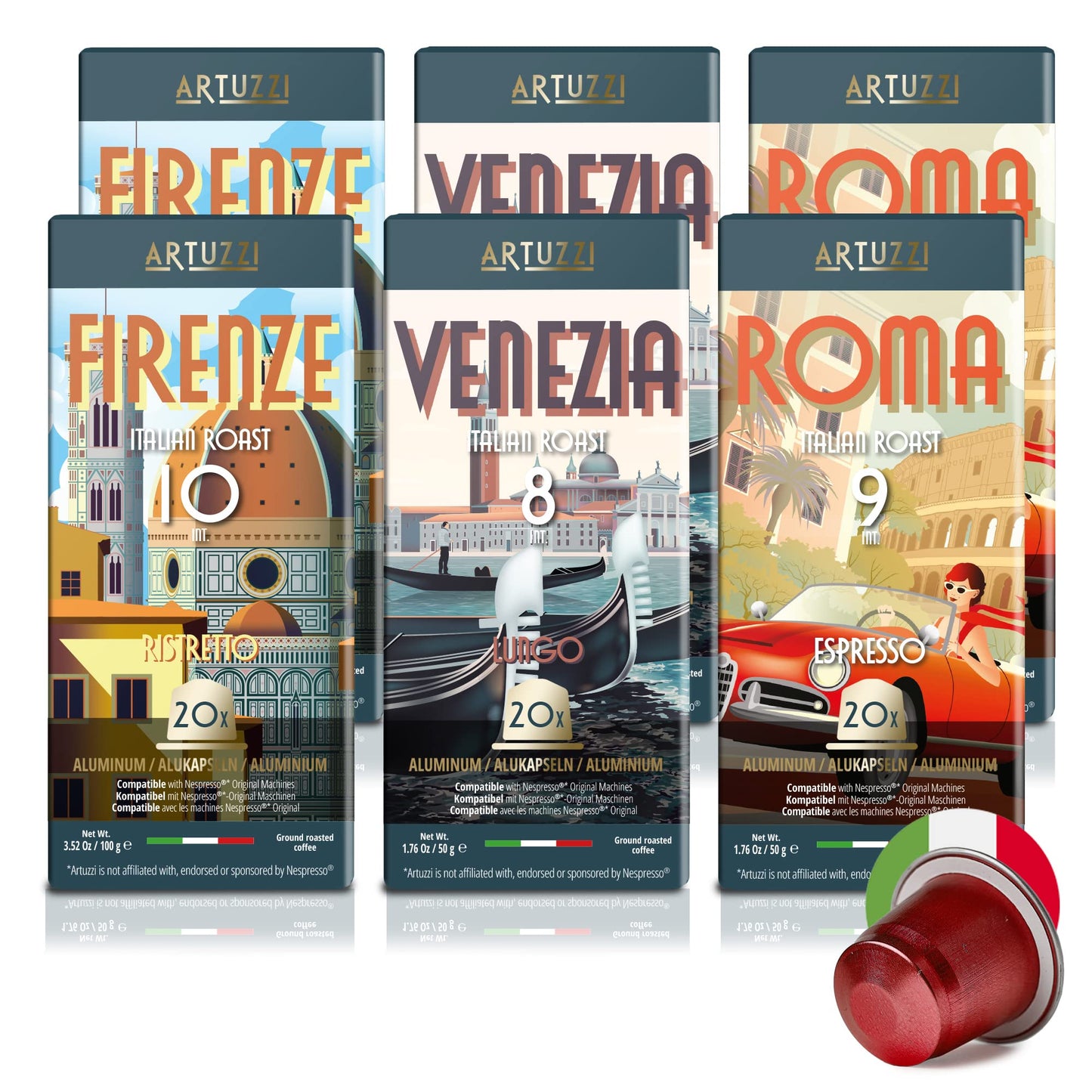 Artuzzi Nespresso Coffee Pods - Espresso Ristretto Lungo Variety Pack, 120 Count, Aluminum & Recyclable Capsules