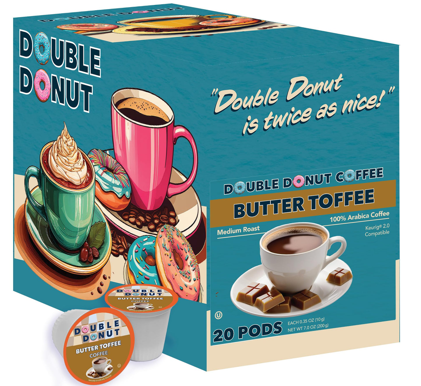 Double Donut Coffee Butter Toffee Flavored Coffee Pods  Medium Roast Coffee  compatible with Keurig K Cups malt-inspired  20 Count