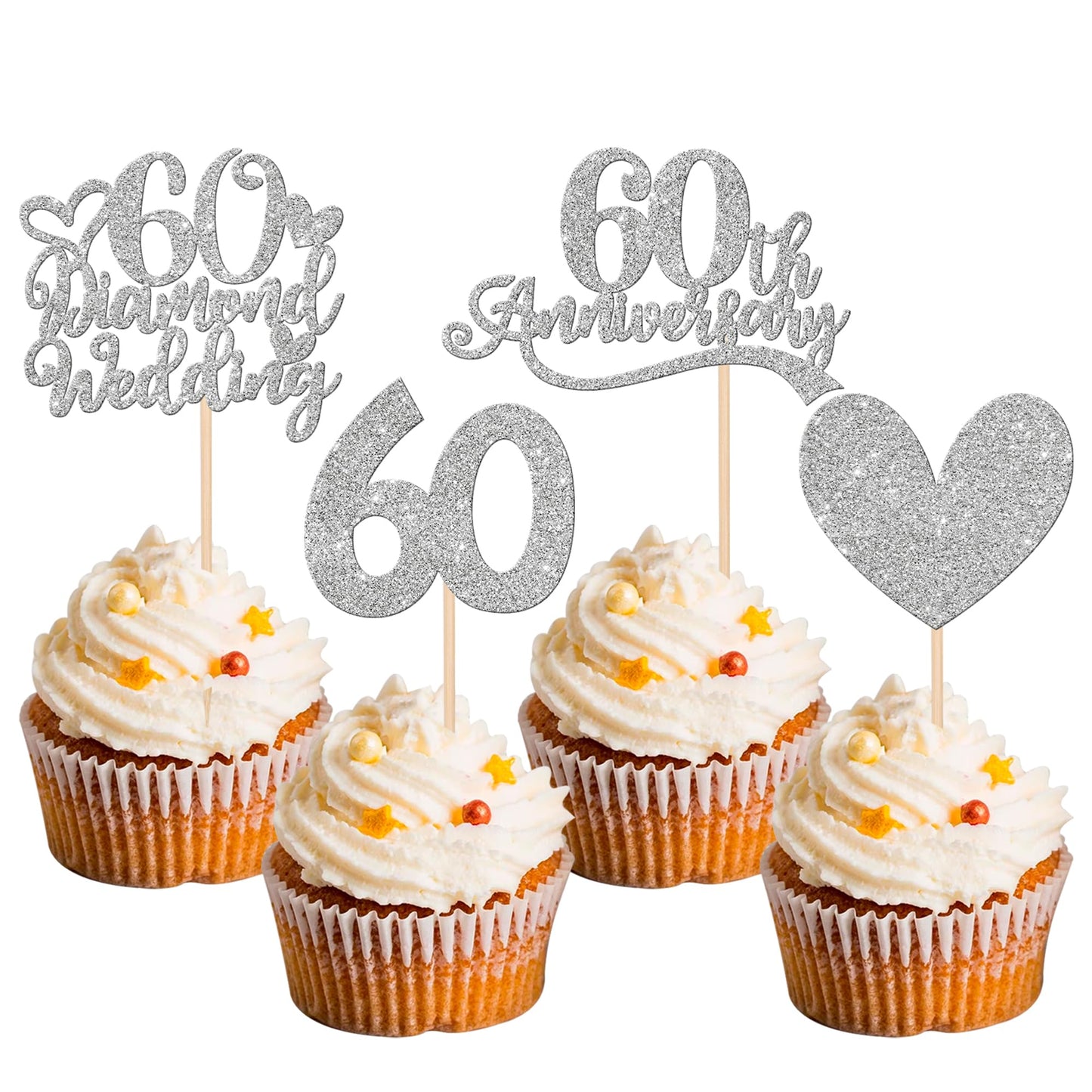 24 Pcs 60Th Anniversary Cupcake Toppers Silver Glitter Heart 60 Diamond Wedding Anniversary Cupcake Picks Cheers To 60 Years Cak