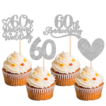 24 Pcs 60Th Anniversary Cupcake Toppers Silver Glitter Heart 60 Diamond Wedding Anniversary Cupcake Picks Cheers To 60 Years Cak
