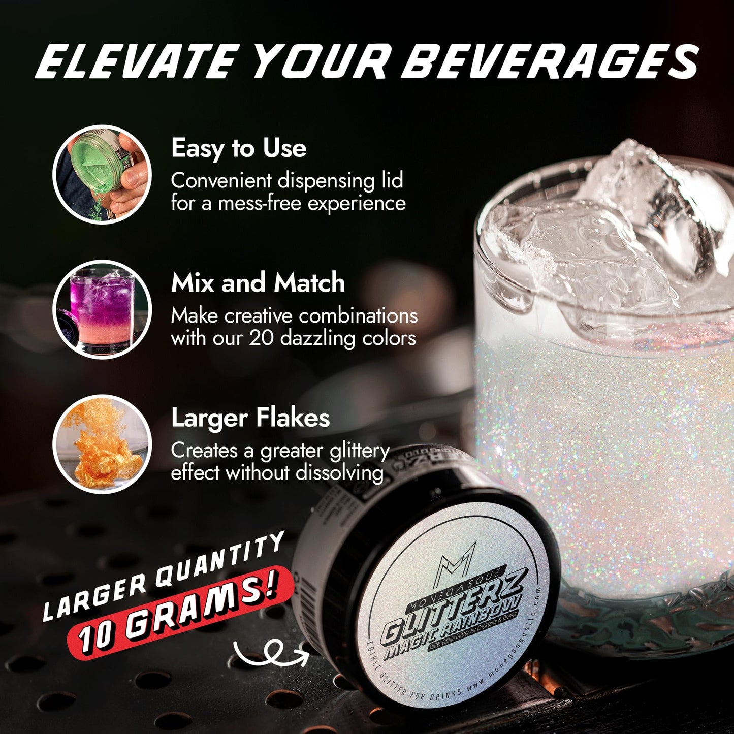 MONÉGASQUE Edible Glitter for Drinks & Cakes, 10g, Magic Rainbow Shimmer Powder