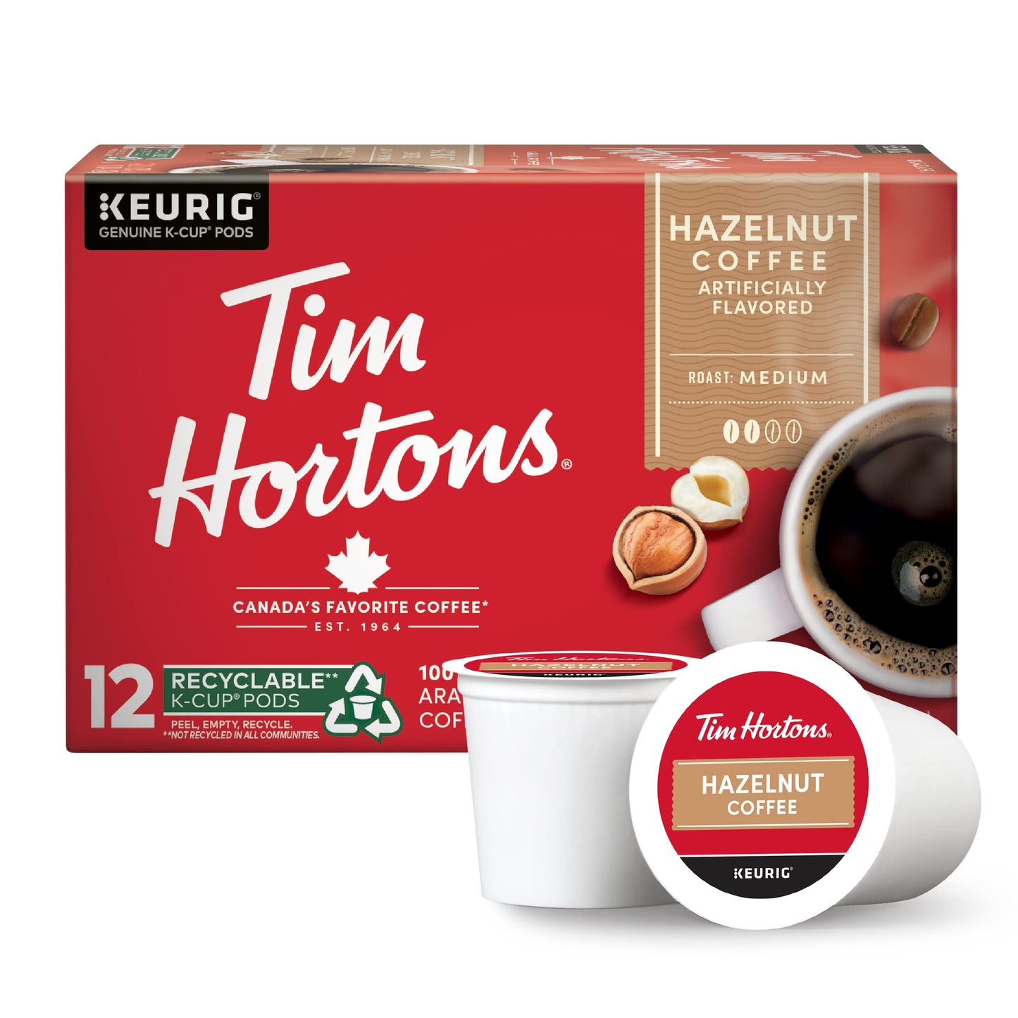 Tim Hortons Medium Roast Hazelnut Coffee K-Cup Pods, 12 Count, Compatible with Keurig Brewers, Red