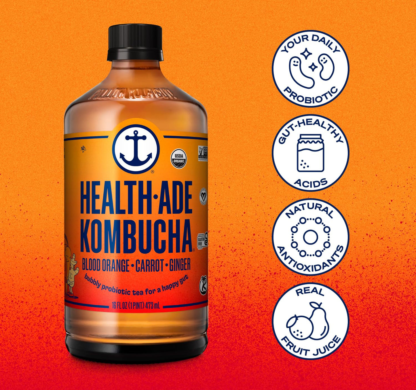 Health-Ade Kombucha Tea Organic Drink, Fermented Tea With Living Probiotics, Detoxifying Acids, Supports Gut Health, Non-Gmo, Vegan, Gluten Free, 12 Pack (16 Fl Oz Bottles), Blood Orange Carrot Ginger