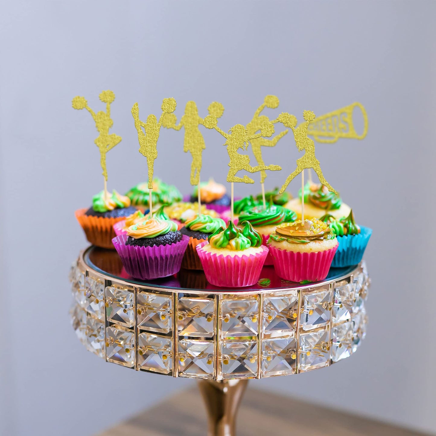 Gyufise 28 Pack Cheerleader Cupcake Toppers Gold Glitter Cheerleading Gymnastics Cupcake Picks Cheer Team Cake Decorations Gymna