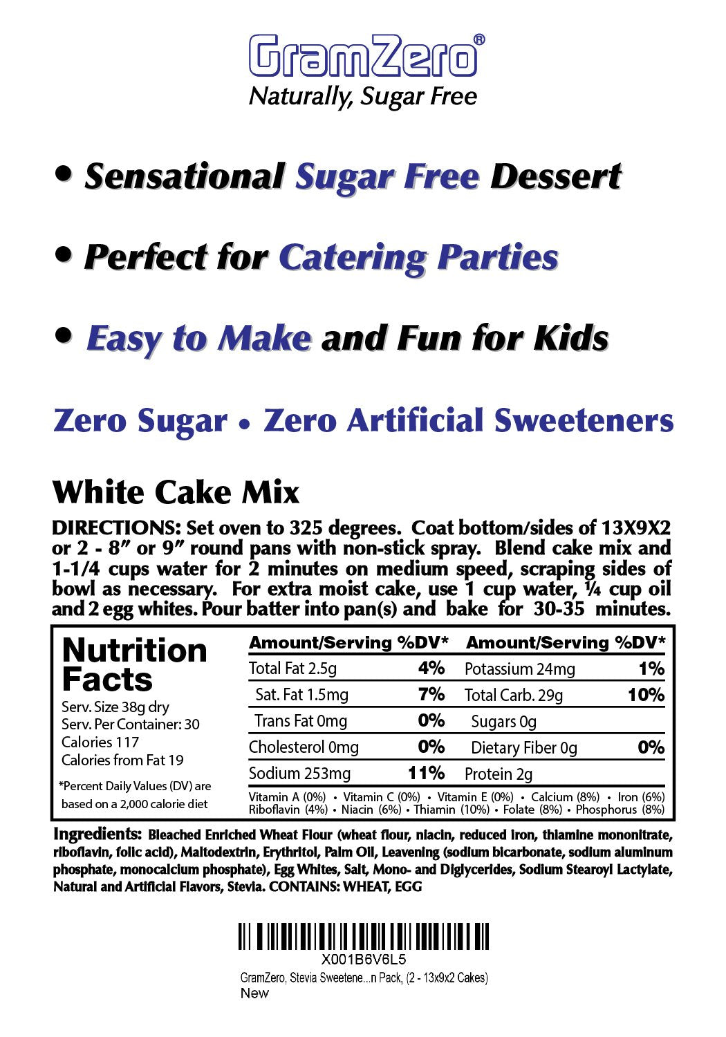Gramzero White Sugar Free Cake Mix 2-Pack, Makes 2-13X9X2 Cakes, Stevia Sweetened