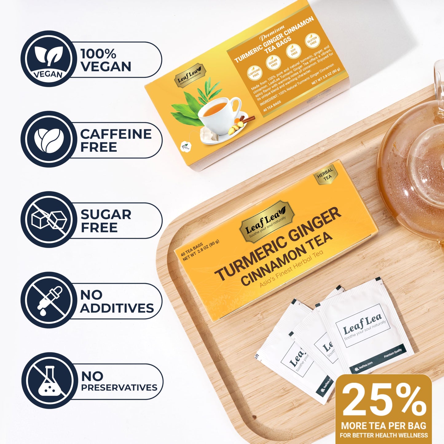 LeafLea Ginger Turmeric Tea Bags, 100% Natural Herbal Blend, Caffeine-Free, 160 Bags (Pack of 4)