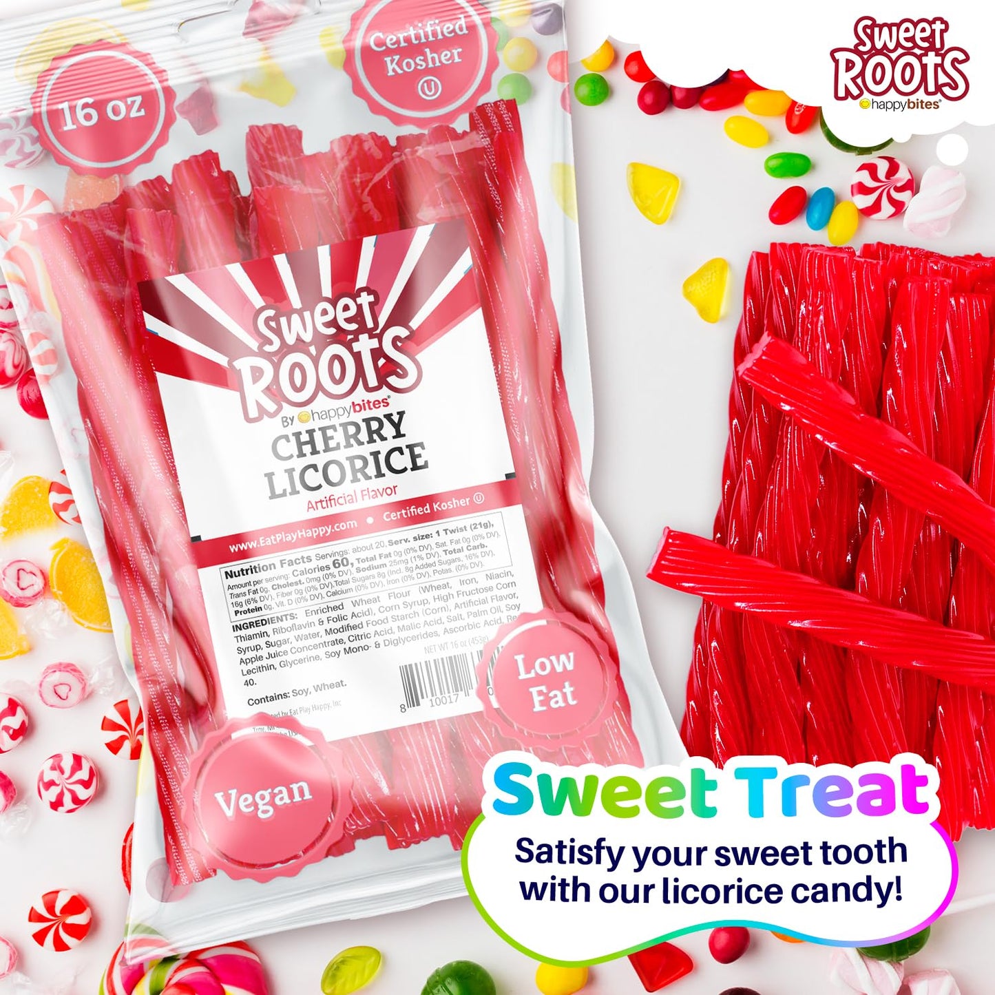 Happy Bites Cherry Licorice Twists (16 Oz) - Jumbo Size - Made With Real Fruit Juice - Certified Kosher - Vegan - Gourmet - Low