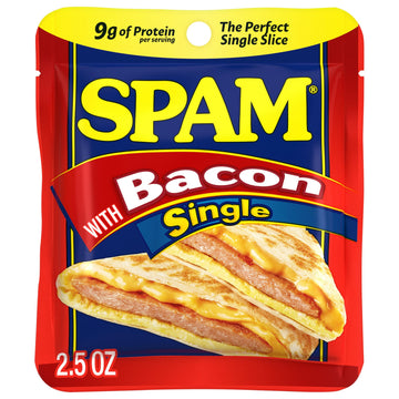SPAM Single Bacon 2.5oz Individual Pouch (Pack of 12) Fully Cooked Pork and Ham  9g of Protein  0g Trans Fat  Low Carb  Keto-Friendly  Gluten Free  Easy Open Pouch  Perfect for Sandwiches & Breakfast