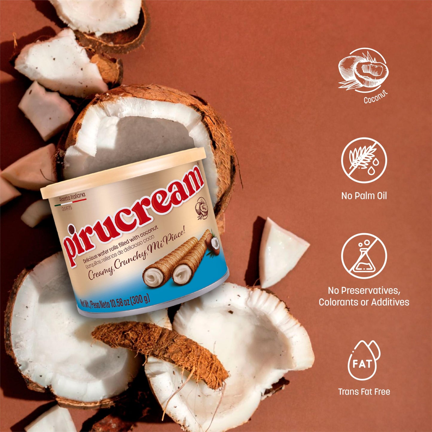 Pirucream Wafer Rolls – Delicious Crispy Coconut Creme Rolled Wafers Bites Filled Italian Snack Sticks Coco Roll, Relaxation Moment, Sweet Snack, Cookie Snacking Break (300 Grs/ 10.58 Oz - 3 Pack Tin)