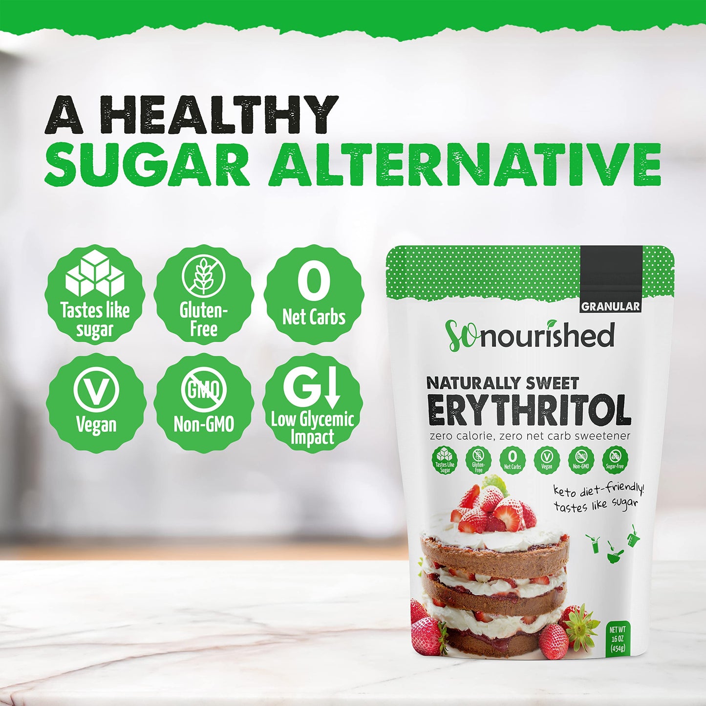 So Nourished Erythritol Sweetener - 1:1 Sugar Substitute, Keto, 0 Calorie, 40 oz