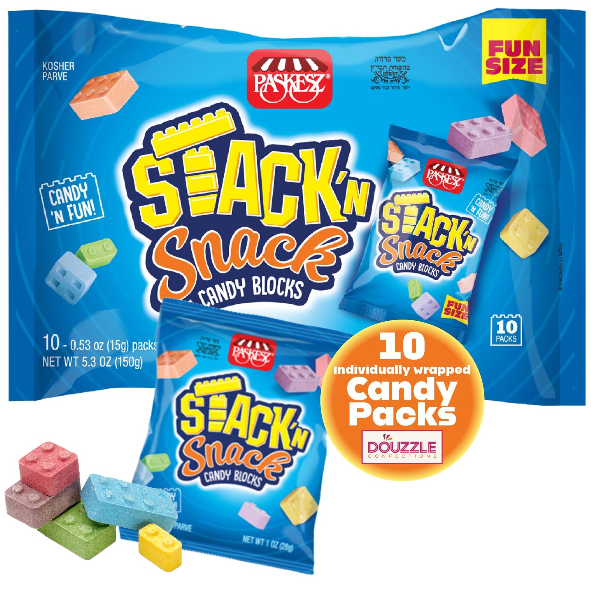 DOUzzle Stack 'n Snack Candy Blocks, Edible Building Bricks Blox (10 Count, Pack of 1) Individually Wrapped Candies, Birthday Pa