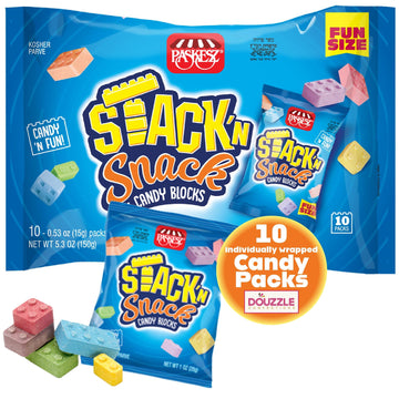 DOUzzle Stack 'n Snack Candy Blocks, Edible Building Bricks Blox (10 Count, Pack of 1) Individually Wrapped Candies, Birthday Pa