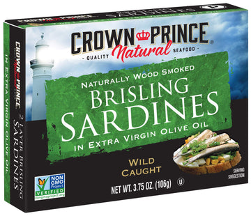 Crown Prince Brisling Sardines in Extra Virgin Olive Oil, 3.75-Ounce Cans, Pack of 12