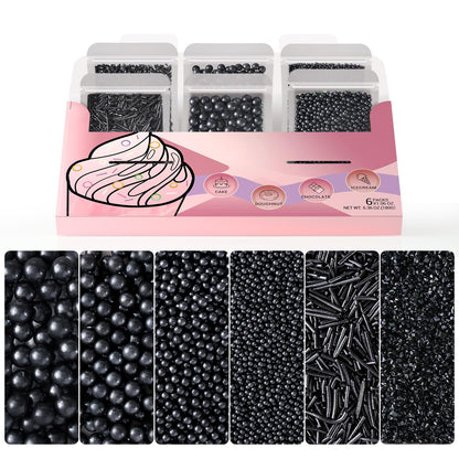 HUEBEATY 6-in-1 Black Edible Cake Pearls Sprinkles for Cake Cookies Decorating and Baking | 180g/6.36oz | Black Sanding Sugar fo