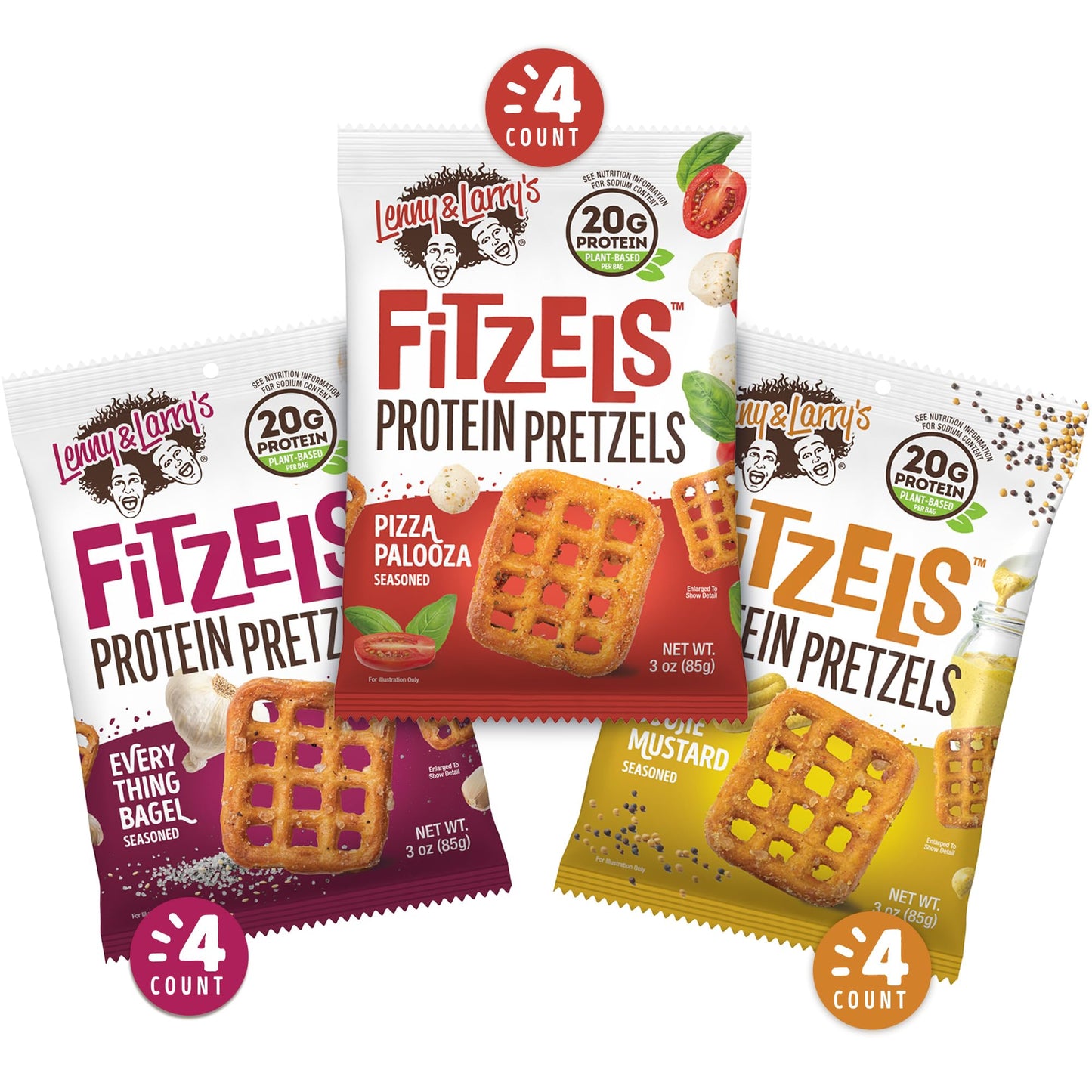 Lenny & Larrys FITZELS Variety Pack, 12 Savory Pretzel Snacks, High Protein, Vegan, 3 oz Each, 3 Flavors