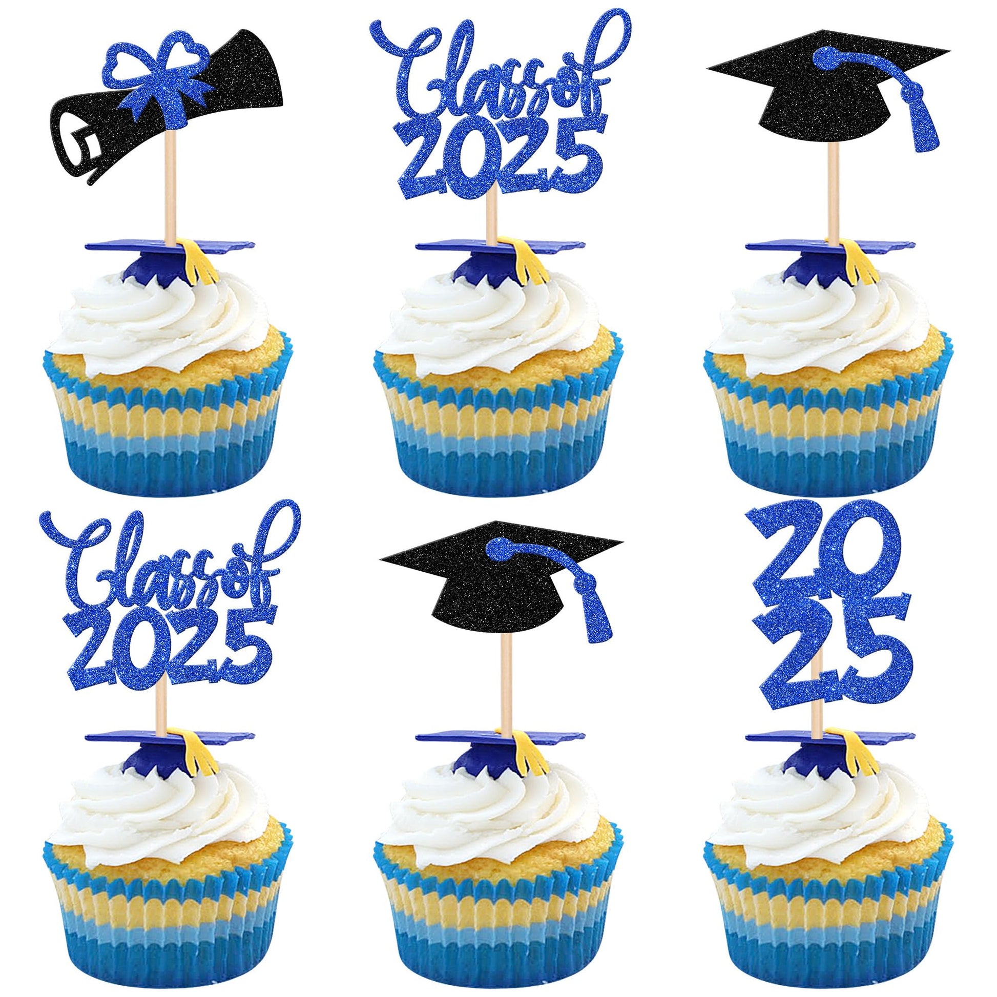 24 PCS 2025 Graduation Theme Cupcake Toppers Glitter Class of 2025 Diploma Congrats 2025 Graduation Cap Cupcake Picks for 2025 G