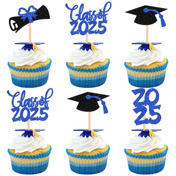 24 PCS 2025 Graduation Theme Cupcake Toppers Glitter Class of 2025 Diploma Congrats 2025 Graduation Cap Cupcake Picks for 2025 G